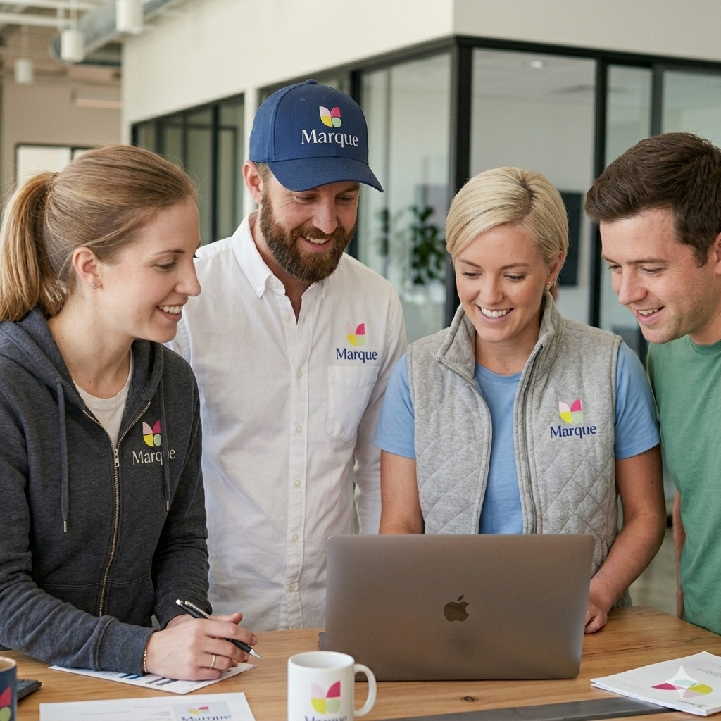 Marque team reviewing branded merch options together