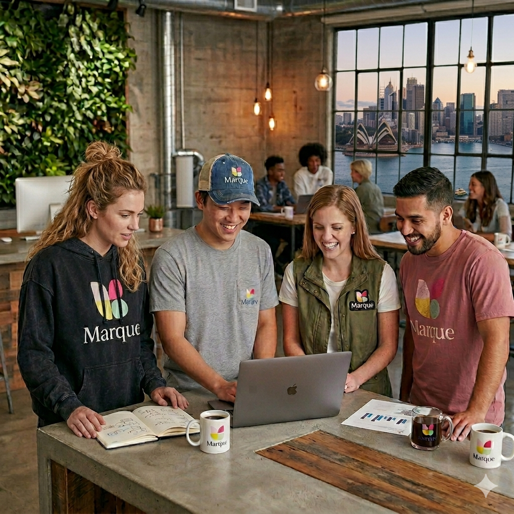 Marque team collaborating around a laptop in a brand-led workspace