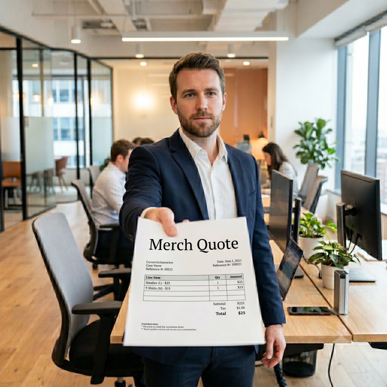 A Marque team member holding out a printed merch quote